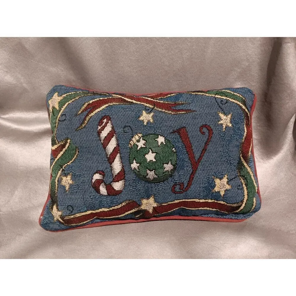 Christmas Holiday Throw Pillow Joy Red Cream Blue Green Rustic Decor 12x8.5